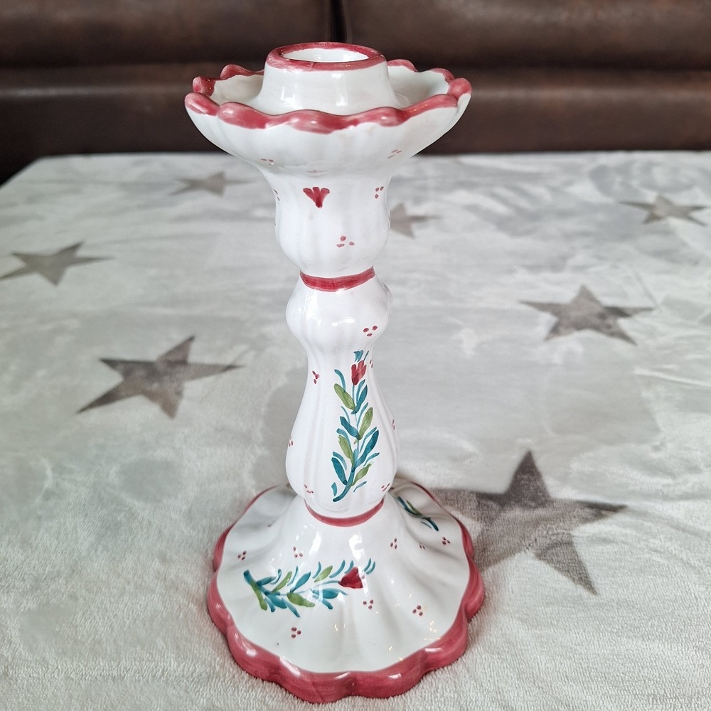 Deruta Italy Hand Painted Candlestick Italian Ceramic Majolica Green Red Floral